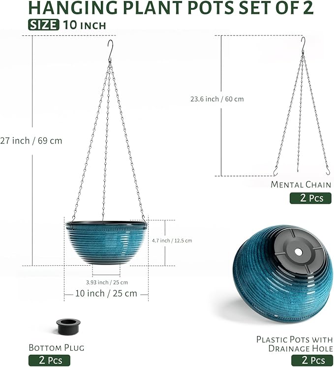 LESOASIS 10in Hanging Planters for Indoor and Outdoor Plants, 2 Pack Hanging Planter with Drainage Hole, Round Hanging Flower Pots for Garden Home Decor (Blue)