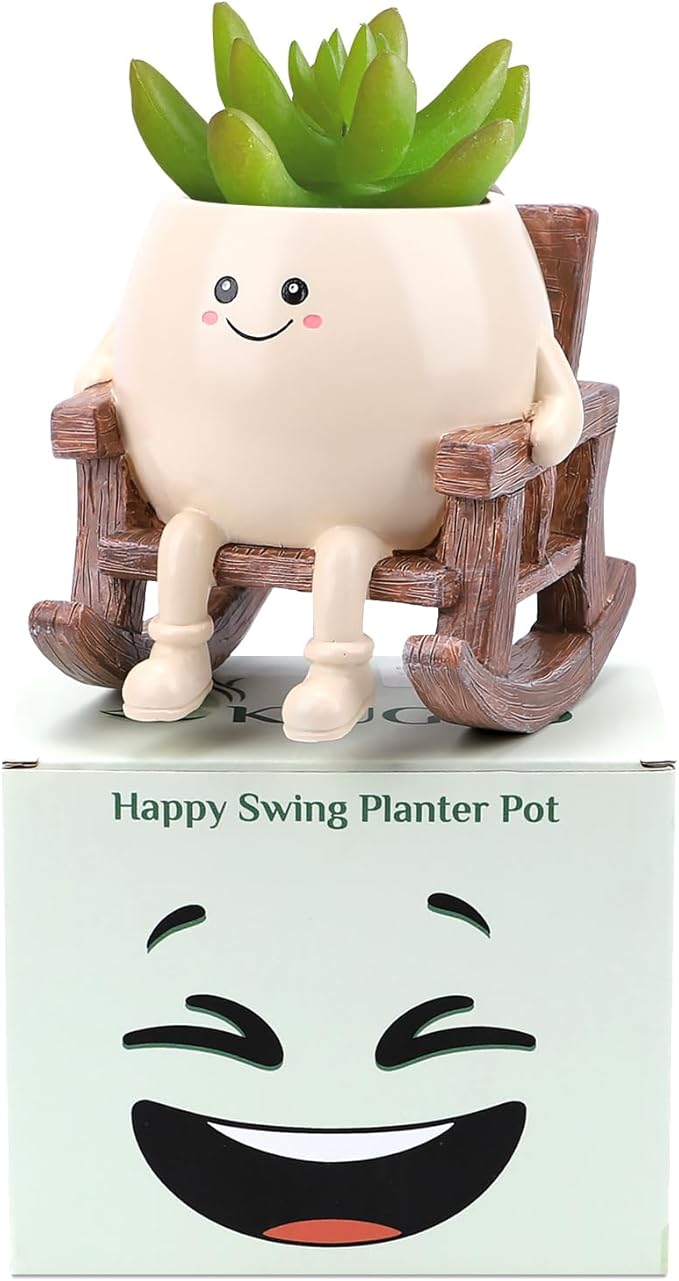 KIUGCO Smily Face Planter Pot, Cute Resin Flower Head Planters for Indoor Outdoor, Unique Sitting Rocking Chairs Succulent Pots, Cute Plant Gifts for Plant Lovers