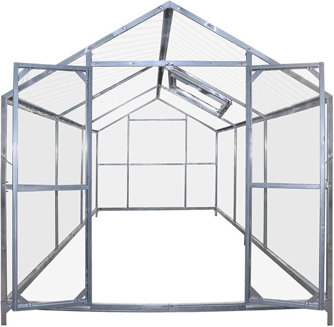 Year-Round 8x10ft Greenhouse with 4mm Twin-Skin Polycarbonate Top Crystal-Clear Hard Panel Walls Galvanized Robust Frame Ground Anchors Manual Airflow Regulation Vents Optimized Sun Exposure