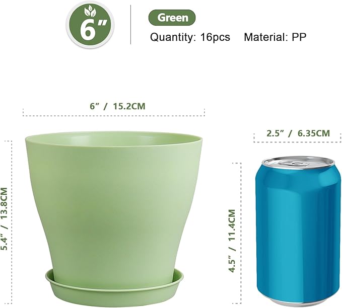 Meowell 6 inch Plastic Nursery Pots,16 Pack Plant Pots for Small Indoor Outdoor Plants, Flower Pots with Drainage Holes and Saucers, Decorative Seedling Starter Planters for House Plants, Green