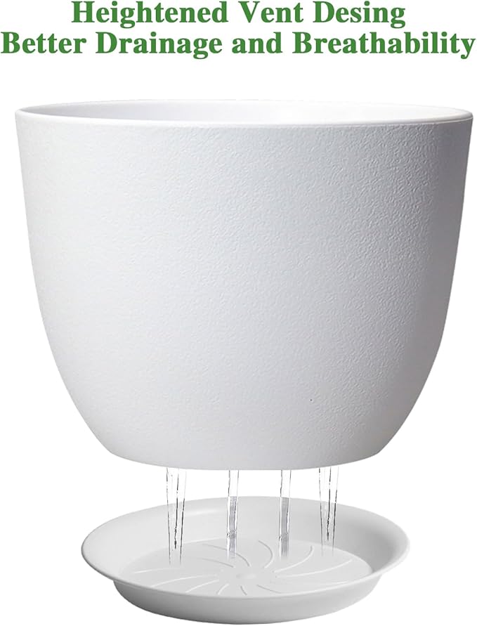 UOUZ 12inch Large Plant Pot, Modern Plastic Planter with High Driange Holes and Saucer for Indoor Outdoor Garden Plants and Flowers, White