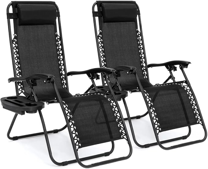 EZONE Zero Gravity Lounge Chairs Outdoor Adjustable Reclining Patio Chair Steel Mesh Folding Recliner for Pool Beach Camping Lounge Chair with Pillows and Cup Tray (2, Black)