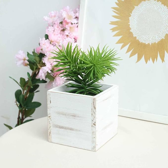 Efavormart 2-Pack 5"x5" Whitewash Wood Planter Boxes with Plastic Liners, DIY Rustic Square Wooden Boxes for Succulents, Table Centerpieces and Wedding Party Decor