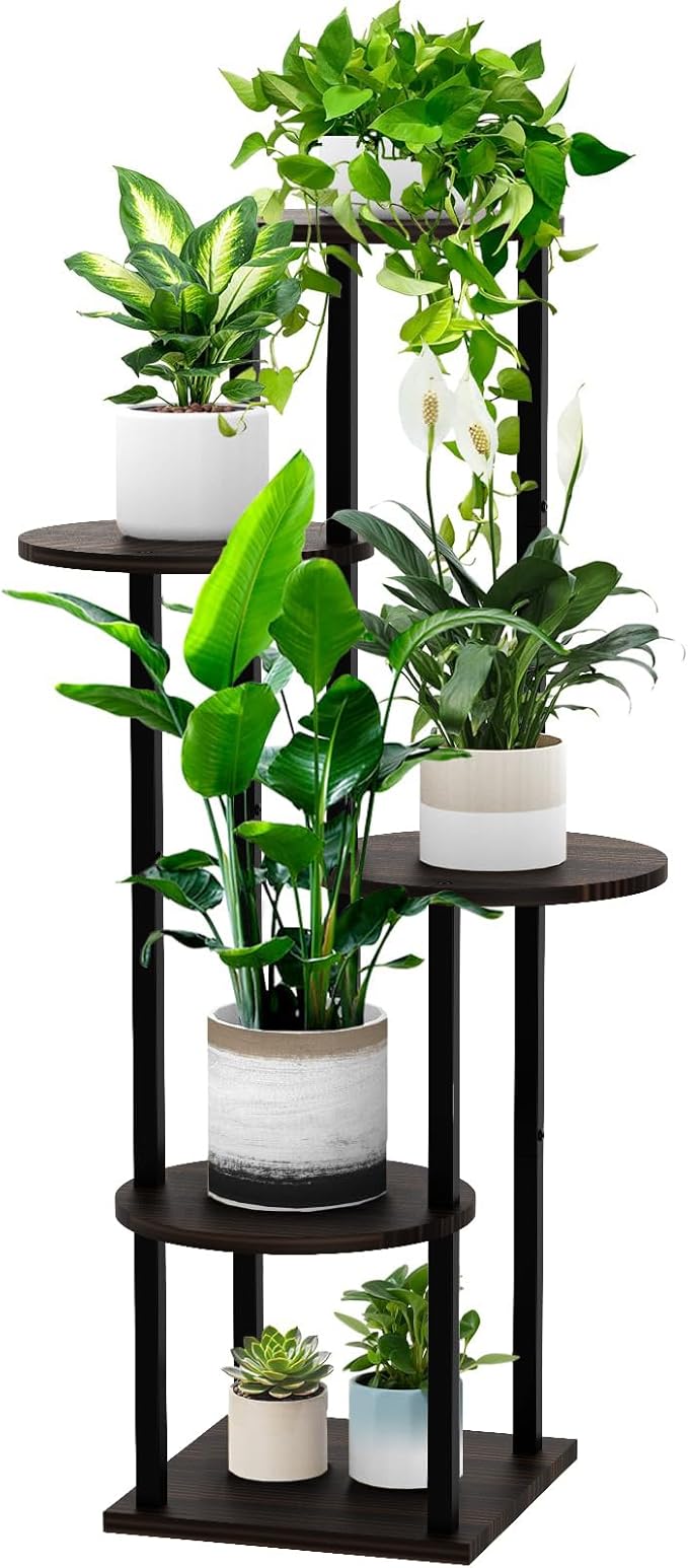 YOCOMEY 5 Tier Wood Tall Plant Stand Metal Rack Indoor, Multiple Flower Pot Holder Shelves Corner Rack, Round Planter Shelf Display Rack Storage Organizer for Patio Living Room Balcony(Black Oak)