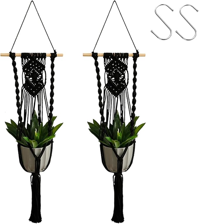 Artilady Black Plant Hanger Macrame Hanging Planter for Indoor Boho Plants Holder with Hooks Hanging Plant Basket Outdoor Window Wall Plants Home Decor (Black Wood Hanger)