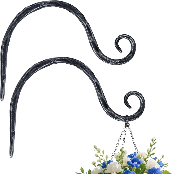 BEGINS Plant Hangers Outdoor Wrought Iron Metal Hanger Hook 2 Pack 8 inch Wall Bracket Hooks for Flower Pots, Wind Chimes, Solar Lanterns, Garden Decor