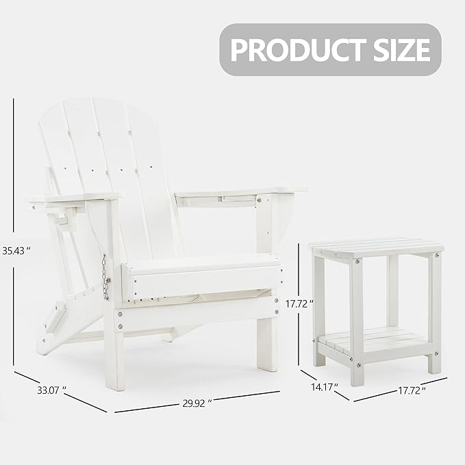 Folding Adirondack Chair Set with Side Table - HDPE Outdoor Patio Chairs, Weatherproof Chair with Reclining Back, Cup & Phone Holder, and 2-Tier Storage End Table for Firepit or Garden (White)