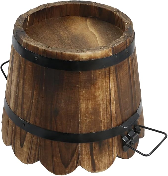 MY MIRONEY Plant Pots, Vintage Wooden Barrel Planter - Solid Rustic Garden Flower Pot with Metal Handles & Frame for Indoor Planter, Office Home Decor, Garden Home Plants, 7.28" x 5.91"