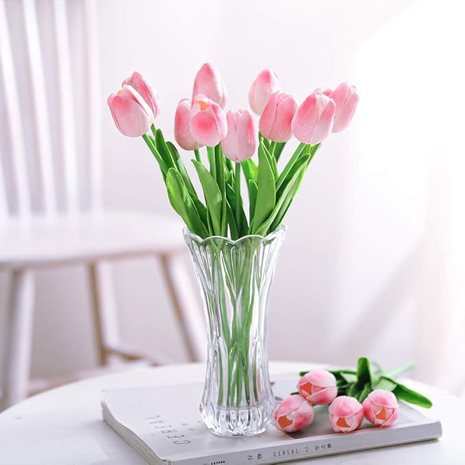 Kisflower 30Pcs Latex Tulips Real Touch Pink Artificial Flowers Fake Tulips Arrangement Bouquet for Home Office Wedding Decor (Pink)