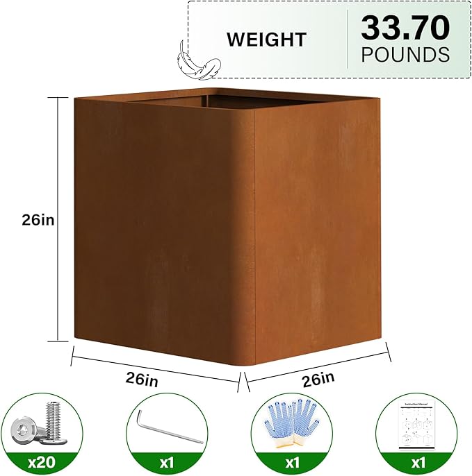 BHCORTEN Corten Steel Planter Box 26" L x 26" W x 26" H,Large Metal Square Planter for Outdoor Plants,Metal Cube Flower Pot with Drainage Hole for Porch Hotel Patio Yard