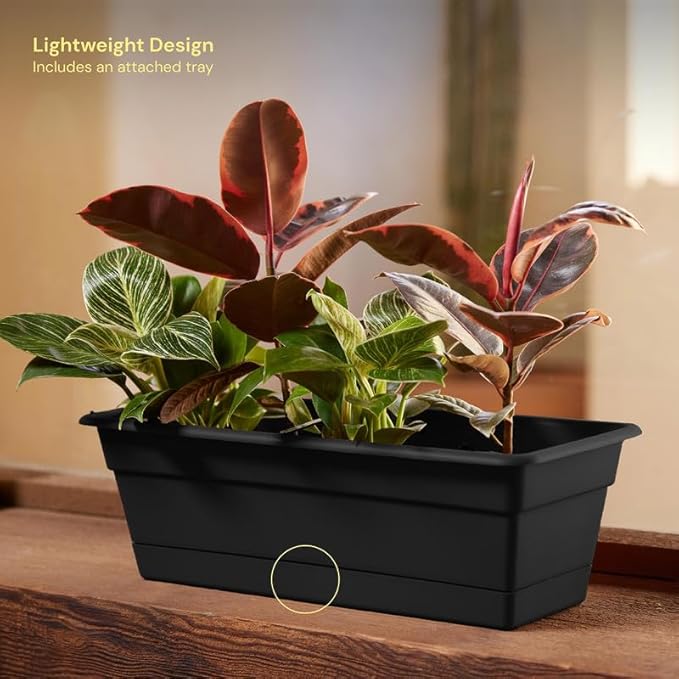 Bloem Dura Cotta 18" Black Resin Rectangle Window Box Planter with Saucer Tray for Indoor and Outdoor Gardening