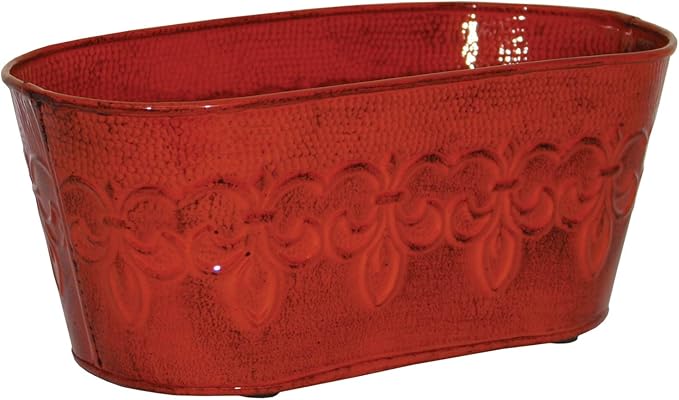 Robert Allen MPT01895 Fleur De Lis Series Metal Oval Planter Flower Pot, 10", Color Cayenne Red