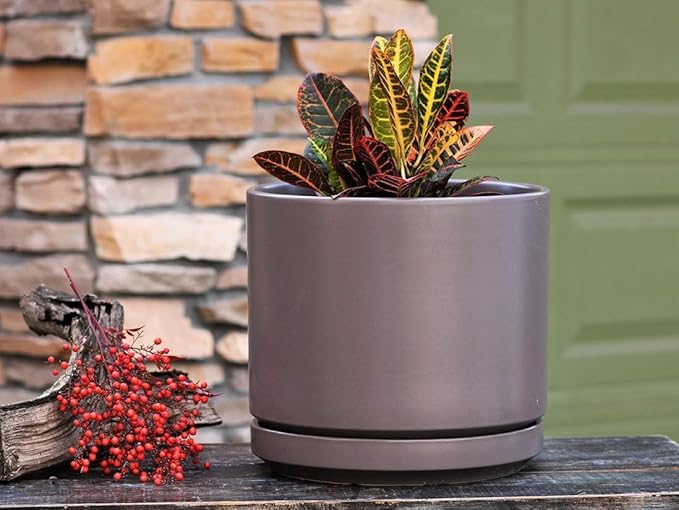 PLANTATOREM Ceramic 14 Inch Mid Modern Planter Pot with Drainage Hole and Saucer, Indoor Cylinder Round Flower Pot, Perfect for Planting Succulents, Herbs, Flowers, House Plants, Pastel Taupe
