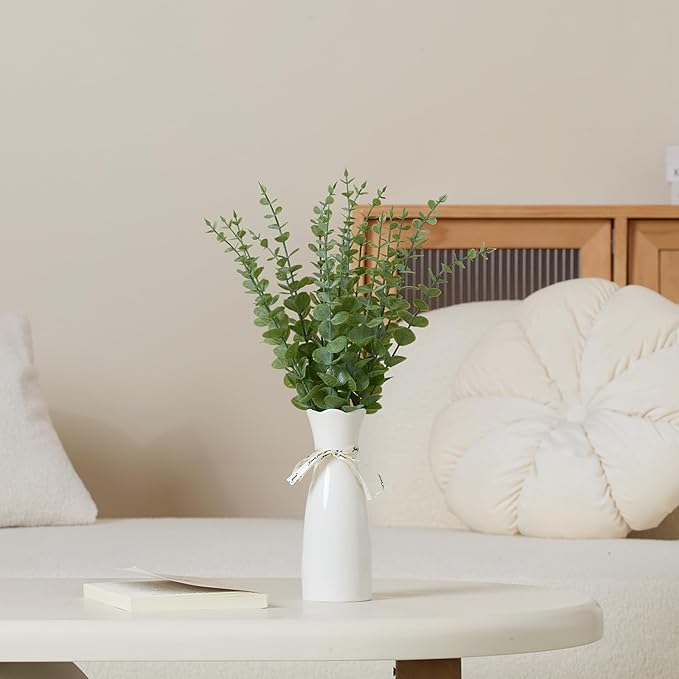 Grecezvk Faux Plants Indoor - Artificial Eucalyptus Stems in White Vase, Small Fake Greenery for Farmhouse Home Decor, Bathroom, Office, Classroom & Kitchen (Sage Green)