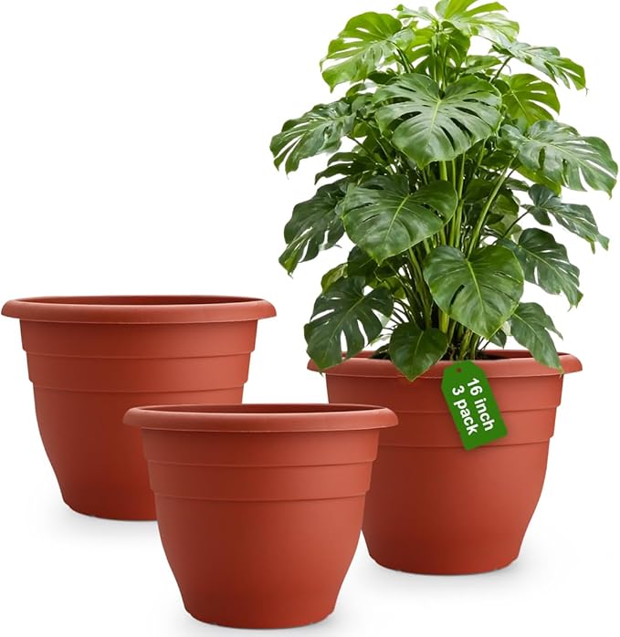 RooTrimmer 3 Pack Large 16 Inch Plastic Plant Pots for Outdoor Plants,Durable & Lightweight Flower Pots with Drainage Holes,Weather-Resistant Large Planters for Patio Garden(Brick Red)