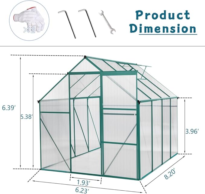 6x8 FT Polycarbonate Greenhouse Raised Base and Anchor Aluminum Heavy Duty Walk-in Greenhouses for Outdoor Backyard in All Season Green