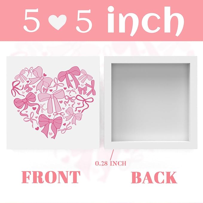 Valentines Day Decorations, Valentines Day Gifts for Her Him, Gift for Boyfriend Girlfriend, Romantic Pink Bow Heart Anniversary Wooden Box Sign Husband Wife Home Office Bedroom Desk Decor