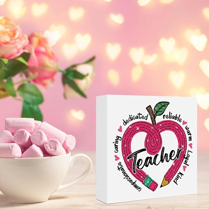 Teacher Valentine Decor Gift, Teacher Appreciation Gifts, Vintage Valentines Day Gifts for Teachers, Thank You Graduation Birthday Gift, Heart Pencil Wooden Box Sign Office Desk Decor