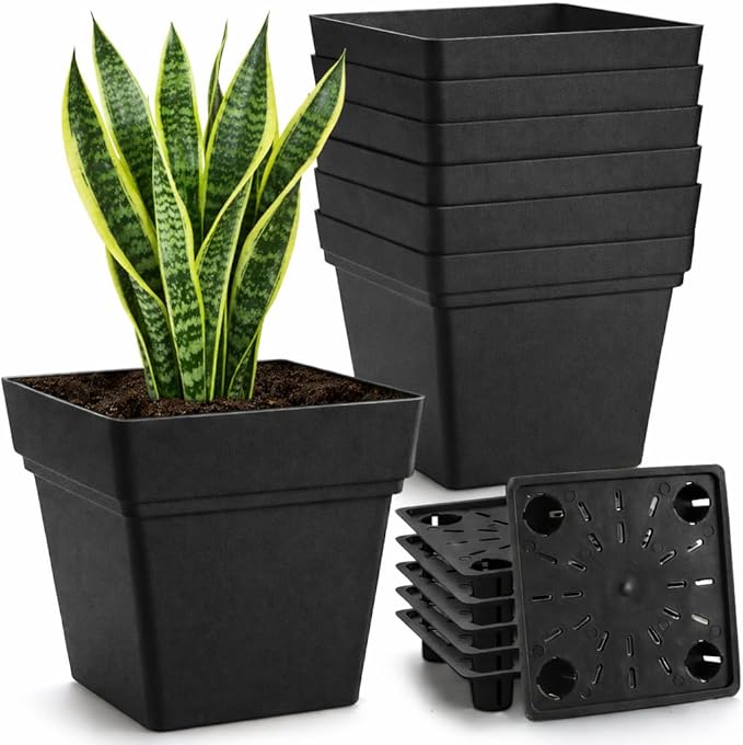 RooTrimmer 6-Pack 7'' Square Planters with Built-in Drainage Tray – Heavy-Duty Black Plastic Planter with Drainage Hole and Bottom Stopper, BPA-Free Black Plant Pots Matte Finish for Indoor Outdoor