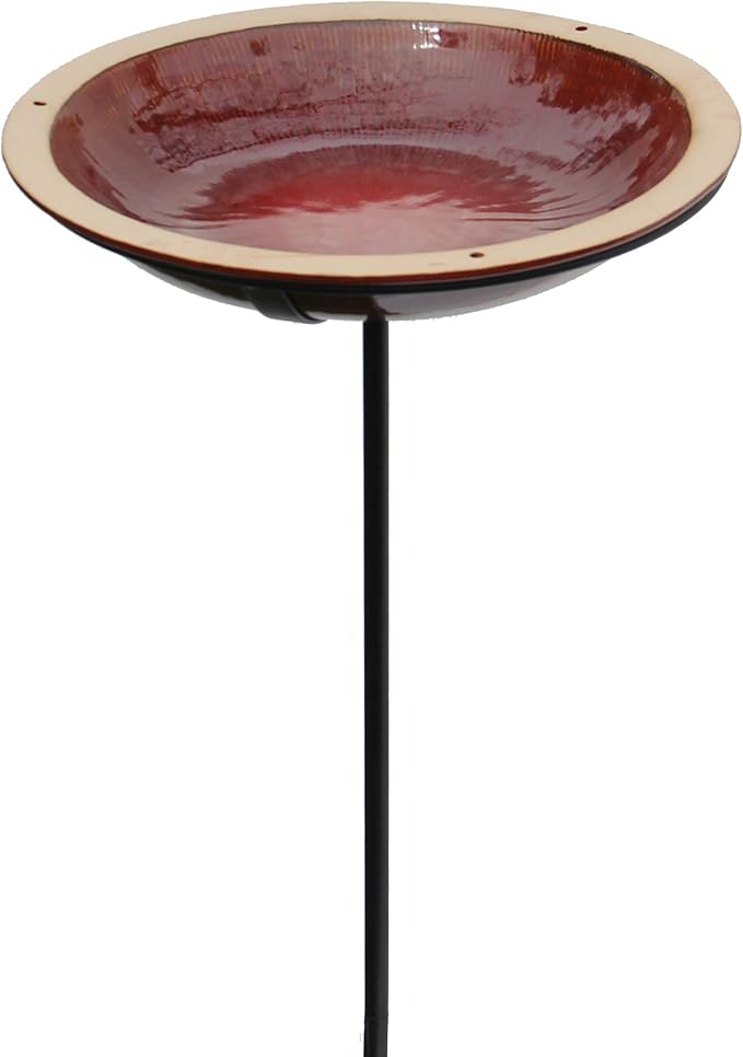 BYER OF MAINE Radial Post Bird Bath, Outdoor Garden and Patio Decor, Porcelain, Glaze Finish, Steel Mounting Post, Outside Bird Pond Fountain, 14"x14"x30", Autumn Red