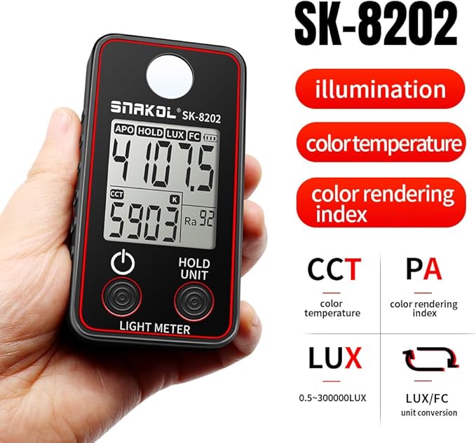BSEWO Illuminance Meter,Color Temperature Tester High Precise Illuminance Meter 0.5-300000LUX LED Illumination Test Meter Photographic Luminance Measuring Device(Panel Color red and Blue Random)