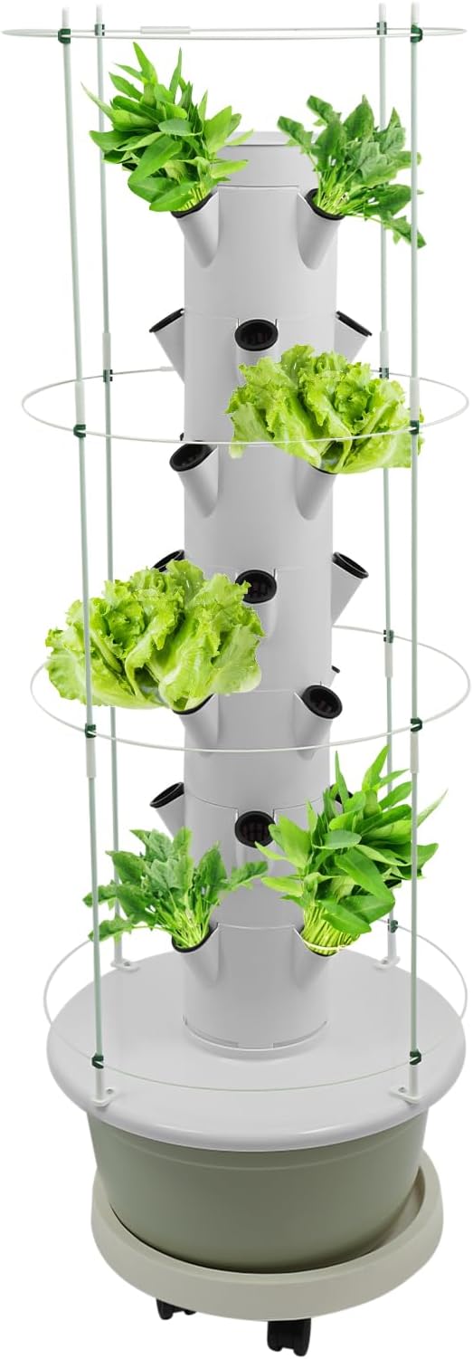 Hydroponics Growing System, 28-Plants Indoor Hydroponic Tower with Pump System, Timer, Climbing Trellis, Vertical Garden Planter with Wheels, Hydroponic Germination Kit for Gardening Lover