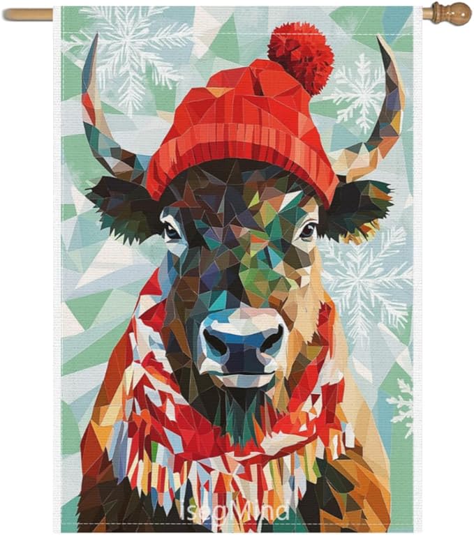 Bison with Red Scarf and Hat Snowflake Christmas Garden Flag, 28x40 Inch Double Sided Linen Holiday Red Winter Farmhouse Yard Outdoor Decoration (4332)