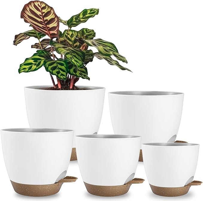 Hylitong Plant Pots 8/7.5/7/6.5/6 Inch Self Watering Pots,5 Pack Planters with Drainage Holes and Saucers,Plastic Flower Pots,Nursery Planters for Indoor Outdoor Plants (White)