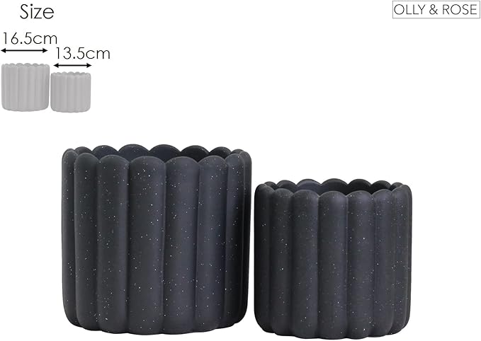 Olly & Rose iOS Vertical Striped Ribbed Plant Pot - Charcoal Speckled Ceramic Planters - 6.6 + 5 Inch Indoor and Outdoor Flower Pots Home Decor (Black Ribbed)