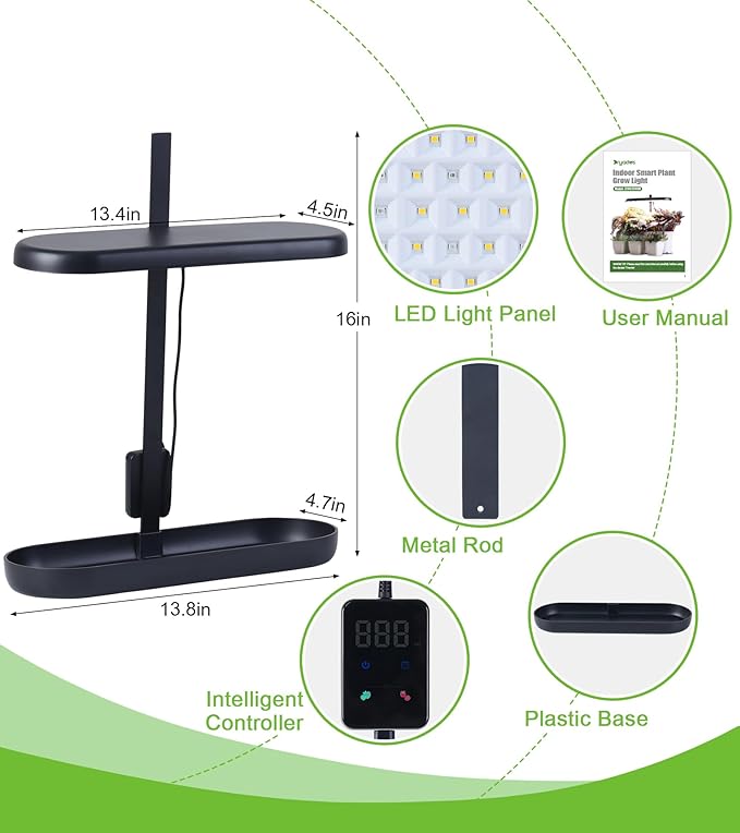 DRYADES Grow Lights for Indoor Plants, 20W Full Spectrum LED Grow Lamp for Indoor Garden with Intelligent Controller, Height Adjustable, Ideal for Home Desk Plant Lighting (Black, ABS Base)