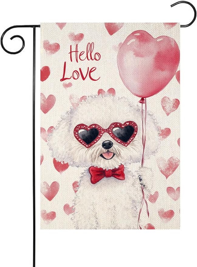 Valentine's Day Bichon Frise Hello Love Garden Flag, House Yard Plaid Love Heart Outside Decoration, Spring Holiday Wedding Anniversary Outdoor Small Decor 12x18(12621)
