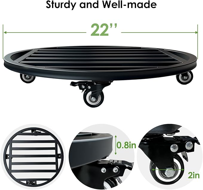 Hongsane 22" Round Plant Stand with Wheels Heavy Duty,Large Metal Plant Caddy Indoor Outdoor Use,Rolling Plant Dolly with Industrial Casters,Rust-Proof Black Plant Tray for Large Planters Pots,1-Pack