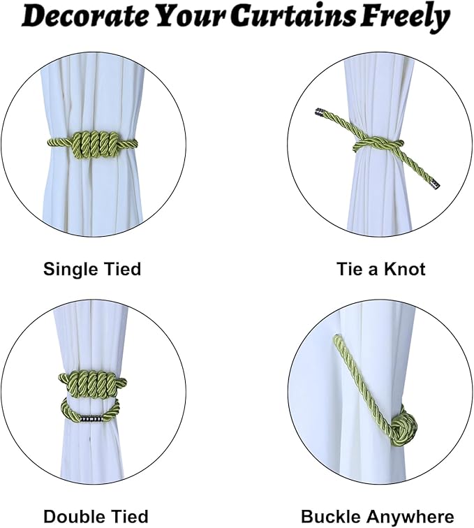 BEL AVENIR Magnetic Curtain Tiebacks, Decorative Drapery Holdbacks Modern Woven Tie-Backs with Exquisite Knot (Green, 2 Pack)