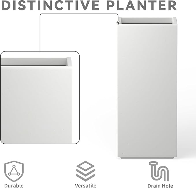 Kante 23.6" H Tall Rectangular Concrete Planter, Modern Square Diameter Plant Pot with Drainage Hole and Rubber Plug for Indoor Outdoor Home Patio Garden, Pure White