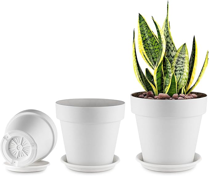 RooTrimmer 3-Pack 8/9/10 Inch Plastic Plant Pots with Saucers – Durable BPA-Free Planters with 21 Drainage Holes, Raised Bottom Breath and Bottom Watering Design for Indoor & Outdoor – White