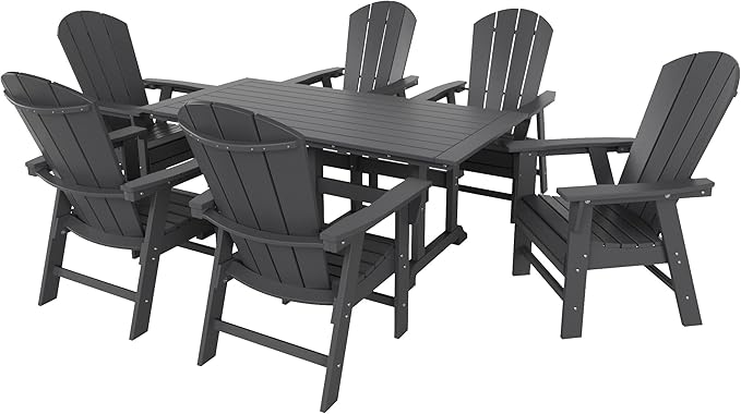 WestinTrends Malibu 7 Piece Adirondack Outdoor Dining Set, All Weather Poly Lumber Patio Table and Chairs Furniture Set, 71" Trestle Dining Table and 6 Adirondack Dining Chair, Gray