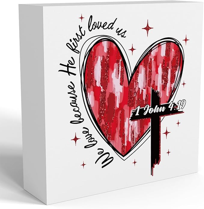 Valentines Day Decorations, Valentines Day Gifts for Her Him, Gift for Boyfriend Girlfriend, Heart Cross Jesus Bible Verse Anniversary Christian Wooden Box Sign Wife Home Office Bedroom Desk Decor