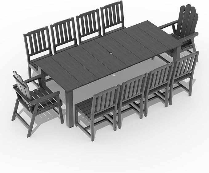 11-Piece Patio Dining Set, Outdoor Dining Set for 10, HDPE All-Weather Outdoor Furniture with 89.57” Umbrella Hole Table, 2 Armchairs & 8 Armless Chairs, Gray