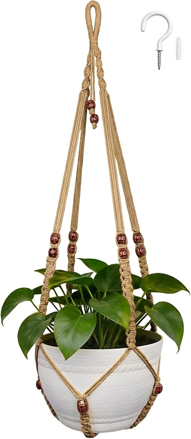 HOREAKHJ 35 Inch Macrame Plant Hanger, Large for up to 15 Inch Pot Extra Long Hanging Planter Holder Basket with Wood Beads for Indoor Outdoor Home Decor (Brown, 1-Pack)
