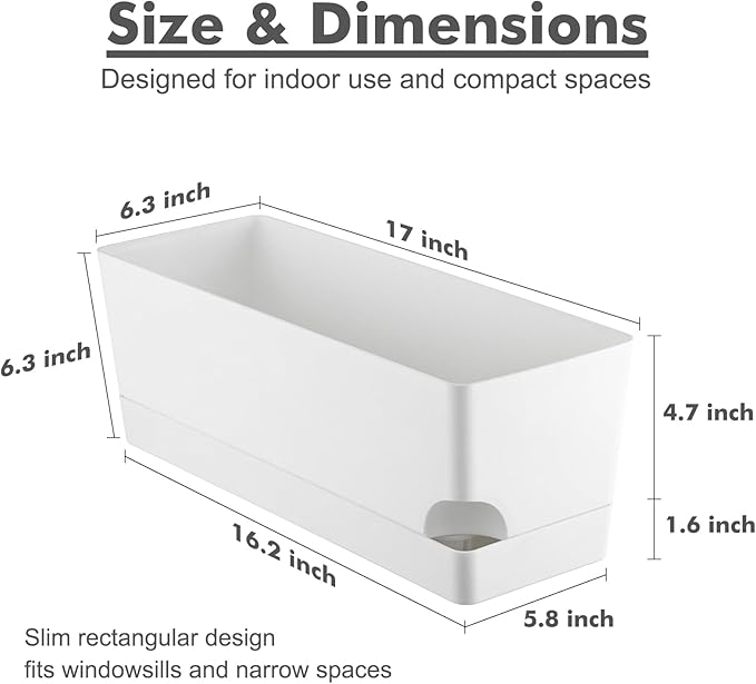 Party Zealot Window Boxes Planters, 5 Pack Self Watering Pots for Indoor Plants 17 Inch Rectangular Planter Rectangle Flower Pots Long Plant Pot Large Window Sill Herb Planter Box, White