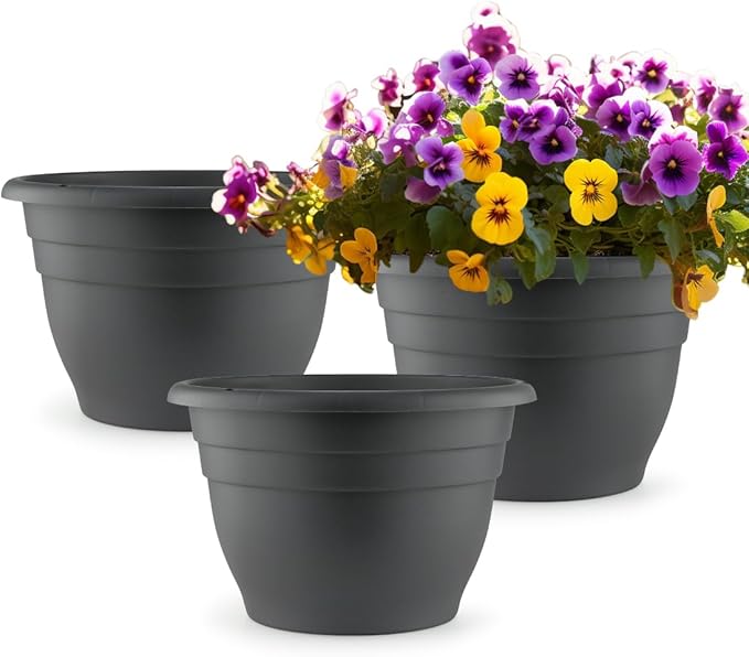 RooTrimmer 3 Pack 11 Inch Plant Pots with Drainage Hole and Plug, Durable Plastic Flower Pots for Indoor & Outdoor Plants, Elegant Mordern Plant Pots Perfect for Herbs, Flowers & Succulents, Gray