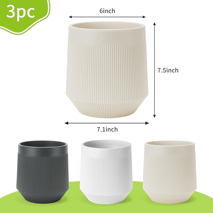 Yaghpy Plant Pots，Set of 3 Plastic Pots for Indoor Plants,Flower Pots Outdoor Planters with Drainage Hole and Seamless Saucer, White,Milky-Yellow,Gray