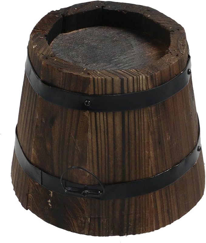 MY MIRONEY Plant Pots, Vintage Wooden Barrel Planter - Solid Rustic Garden Flower Pot with Metal Handles & Frame for Indoor Planter, Office Home Decor, Garden Home Plants, 4.72" x 3.94"