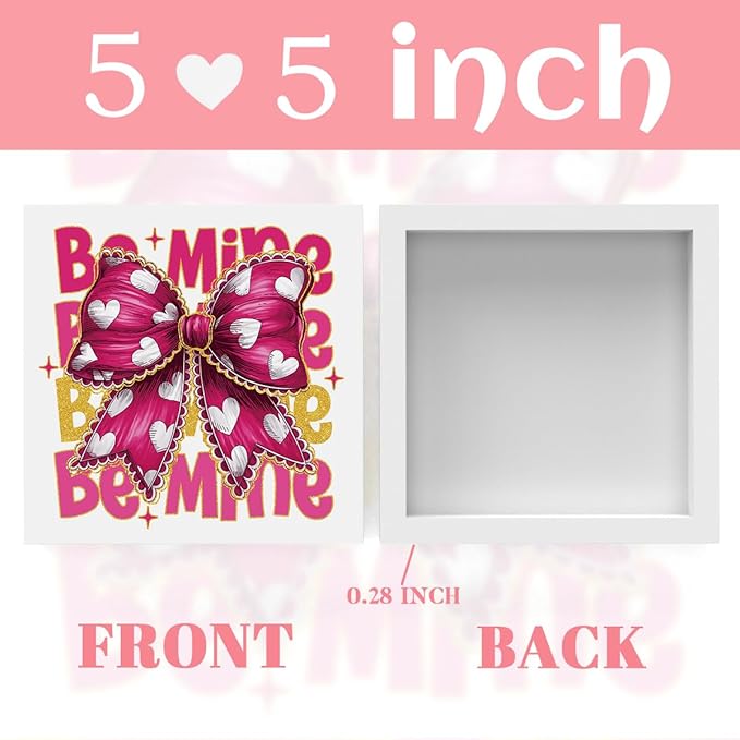Valentines Day Decorations, Valentines Day Gifts for Her Him, Gift for Boyfriend Girlfriend, Pink Glitter Heart Bow Anniversary Wooden Box Sign Husband Wife Home Office Bedroom Desk Decor