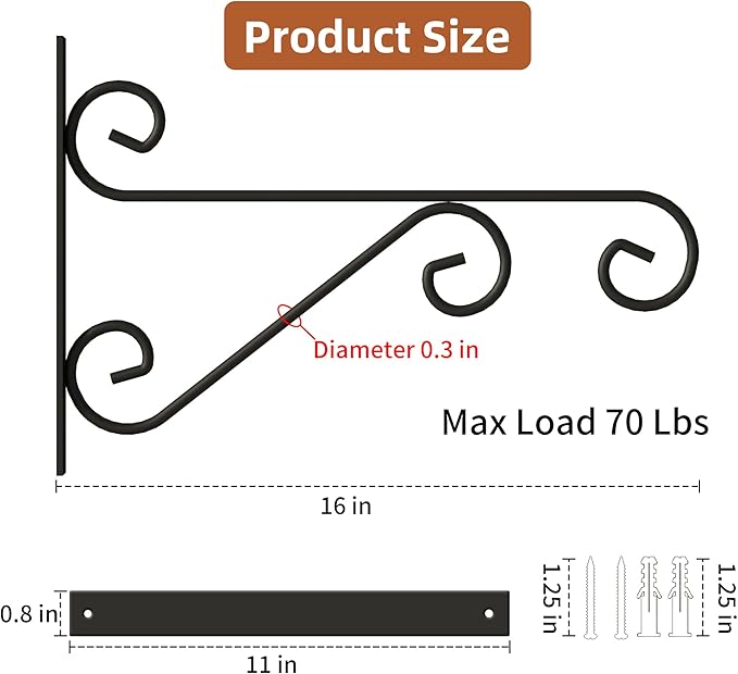 PROWORX 4 Pack 16 Inch Plant Hangers Outdoor Bracket, Indoor Wall Mount Metal Heavy Duty Rust-Resistant Bird Feeder Plant Hooks for Hanging Planters, Flower Baskets, Black