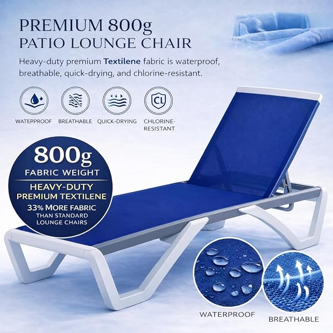 Kozyard Outdoor Chaise Lounge Chair, Full Flat Adjustable Patio Lounger with Aluminum Frame & Resin Legs, Textilene Fabric for Poolside, Backyard & Beach (Blue)
