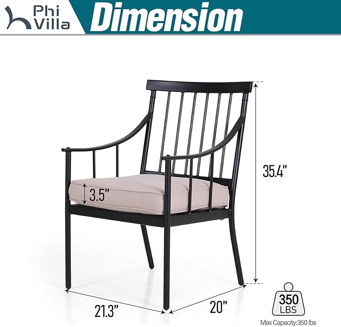 PHI VILLA Outdoor Metal Steel Dining Chairs with Cushion, Black Heavy-Duty Weatherproof Armchairs for Patio, Deck, Yard - Set of 6