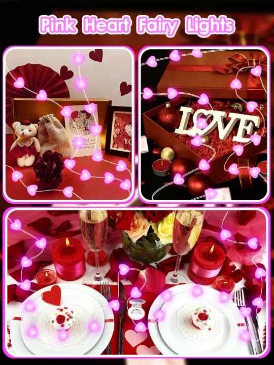 Valentines Heart Fairy Lights Battery Operated with Remote, 10FT 30 LED Pink Heart String Lights with 8 Modes & Timer, Twinkle Light for Outdoor Indoor Proposal Anniversary Wedding Valentines Decor