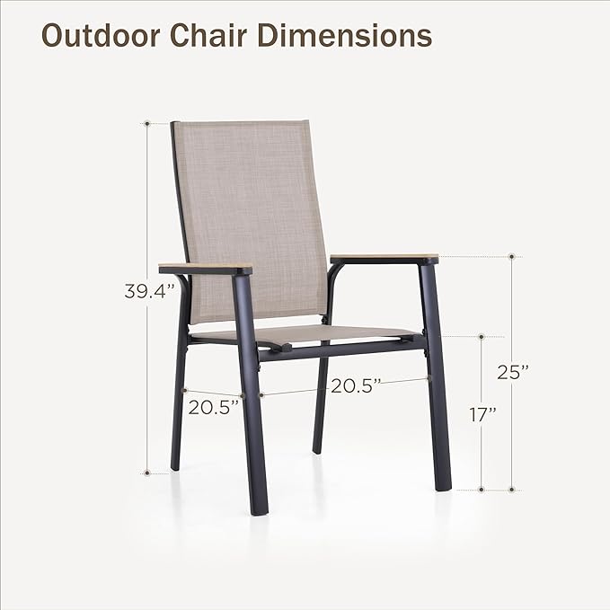PHI VILLA Outdoor Stackable Chairs, Patio Chairs Set of 2, Light Weight Aluminum Frame with Textilene Fabric & Wood Armrest, High Back Deck Chairs for Poolside Lawn Garden, Beige