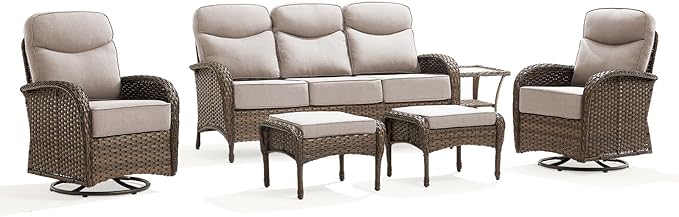 Outdoor Swivel Rocking Chair Patio Set (6-Piece), High-Back - Thick Cushion Swivel Rocking Chair Patio Set, All-Weather Wicker Patio Furniture Set, Suitable for Balcony Patios, Brown/Beige